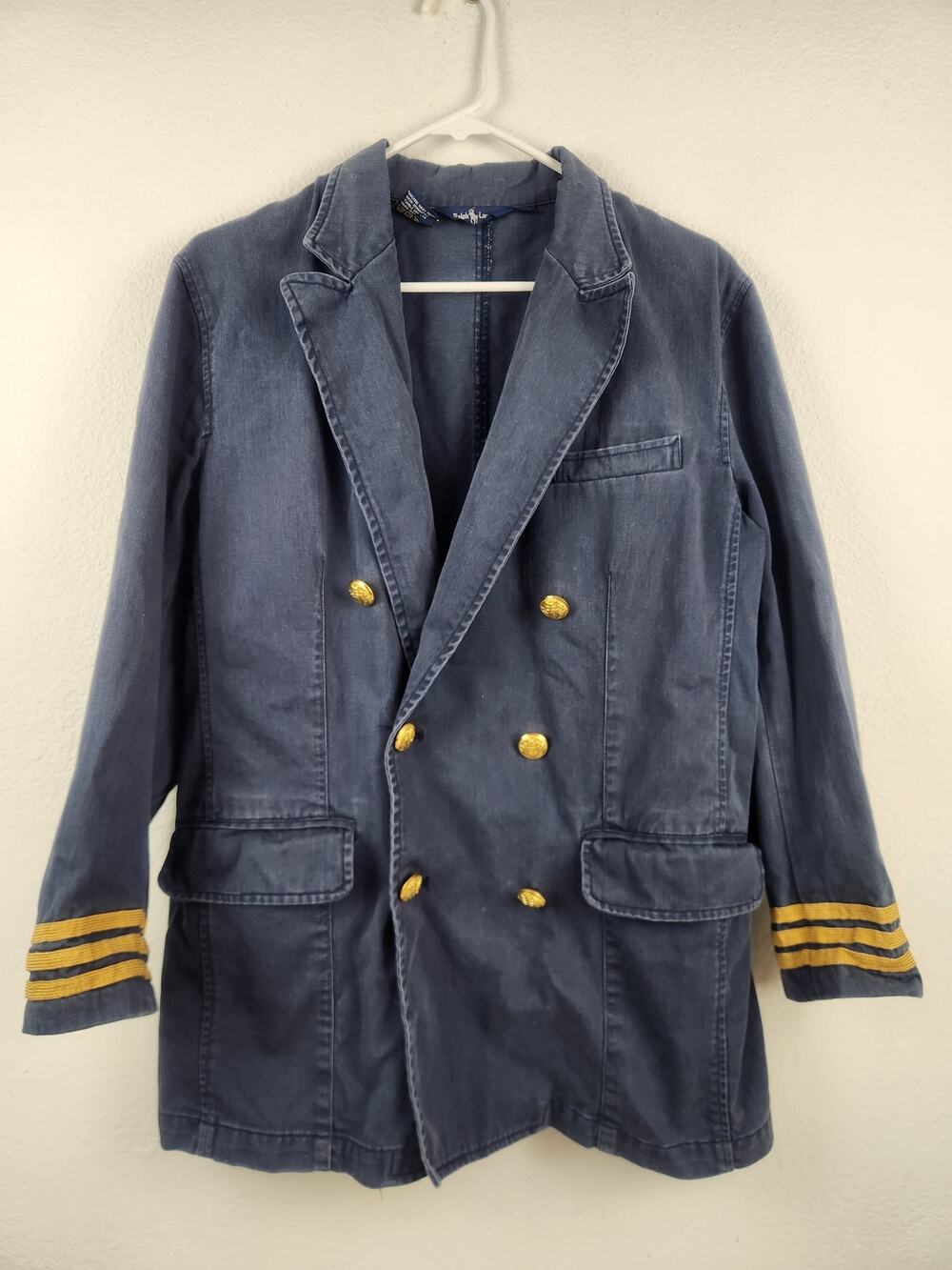 Vintage Ralph Lauren Double Breasted Cotton Jacket in Blue Gold Buttons Medium